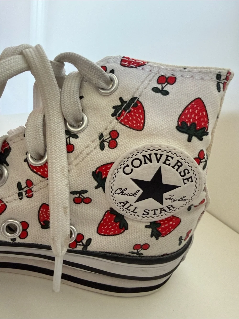 Converse Kids White High-Top Sneakers with Red Strawberry Print